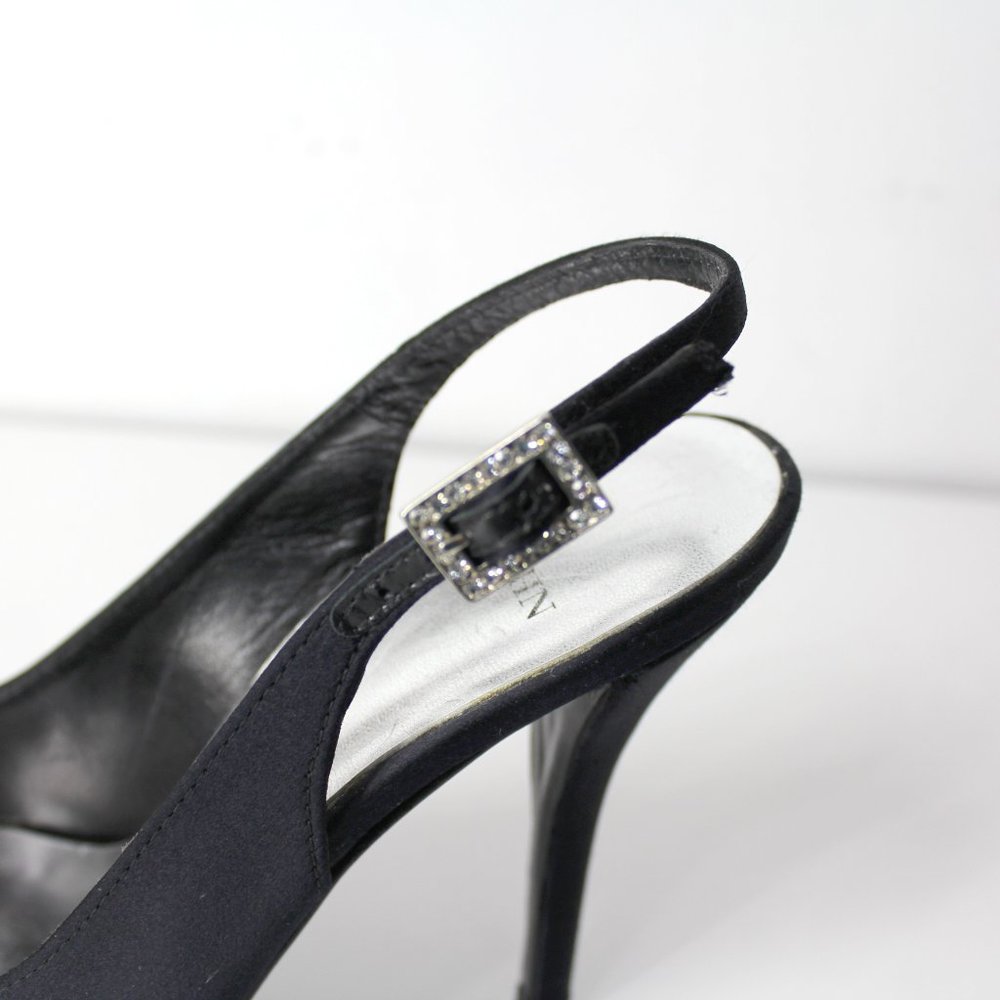 St John Black Satin Peep Toe Slingback Evening High Heels Bow Jeweled Shoes 6M - Picture 11 of 15